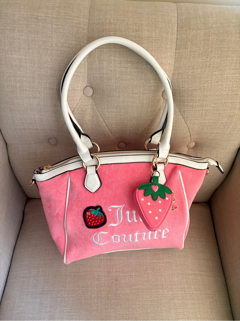 Juicy Couture Pink Suede Tote with Strawberry Charm
